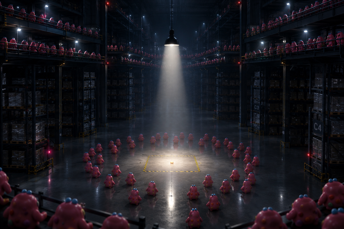 A dark warehouse where blob cookies stand in a ring around one crumb inside taped lines